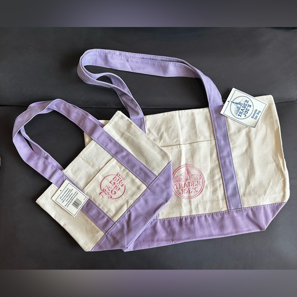 Trader Joe's - Set of Large & Mini Pastel PURPLE Canvas Tote Bags